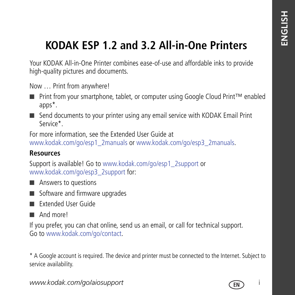Kodak esp 1.2 and 3.2 all-in-one printers, Englishenglish | Kodak ESP 3.2 User Manual | Page 3 / 31
