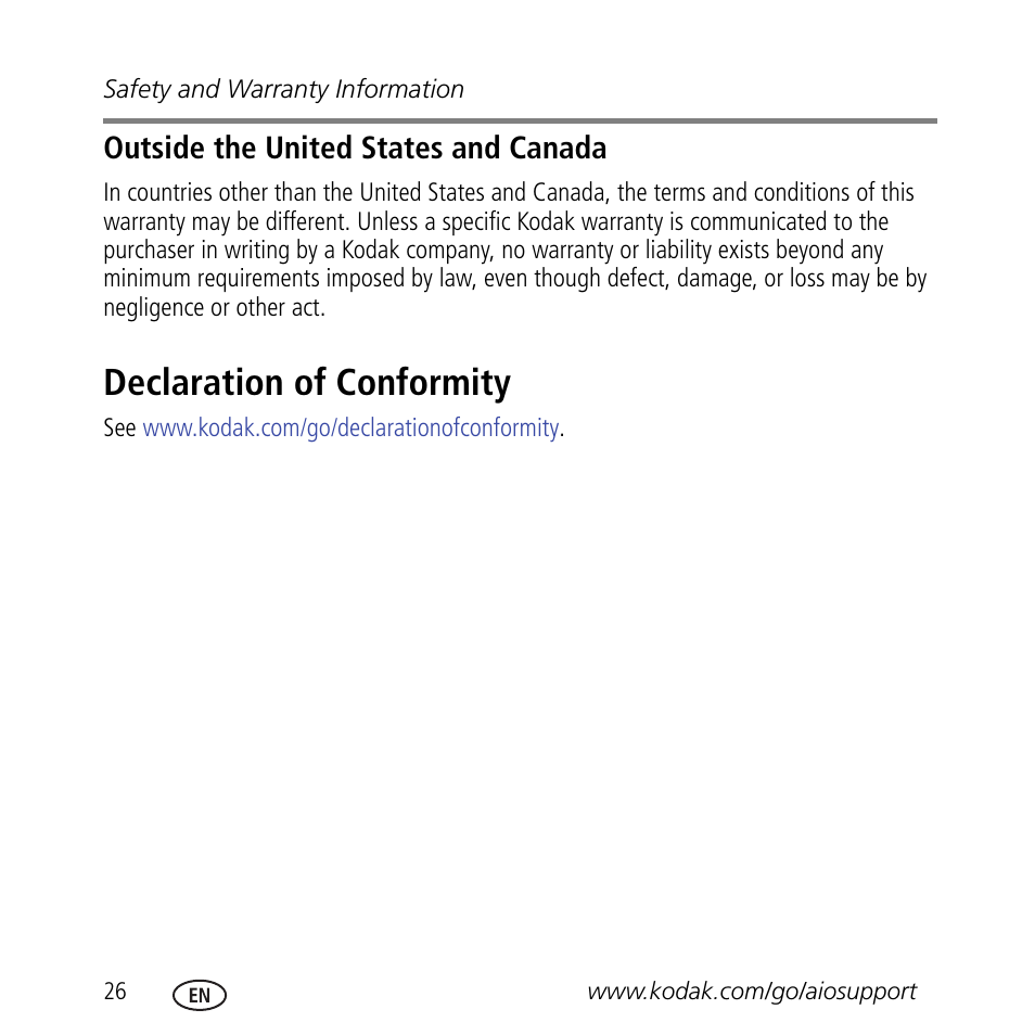 Declaration of conformity, Outside the united states and canada | Kodak ESP 3.2 User Manual | Page 30 / 31