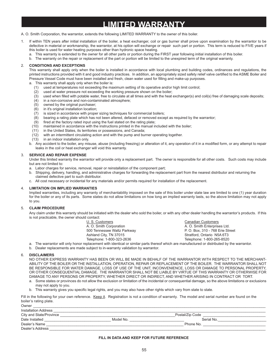 Limited warranty | A.O. Smith HW 610 User Manual | Page 55 / 56