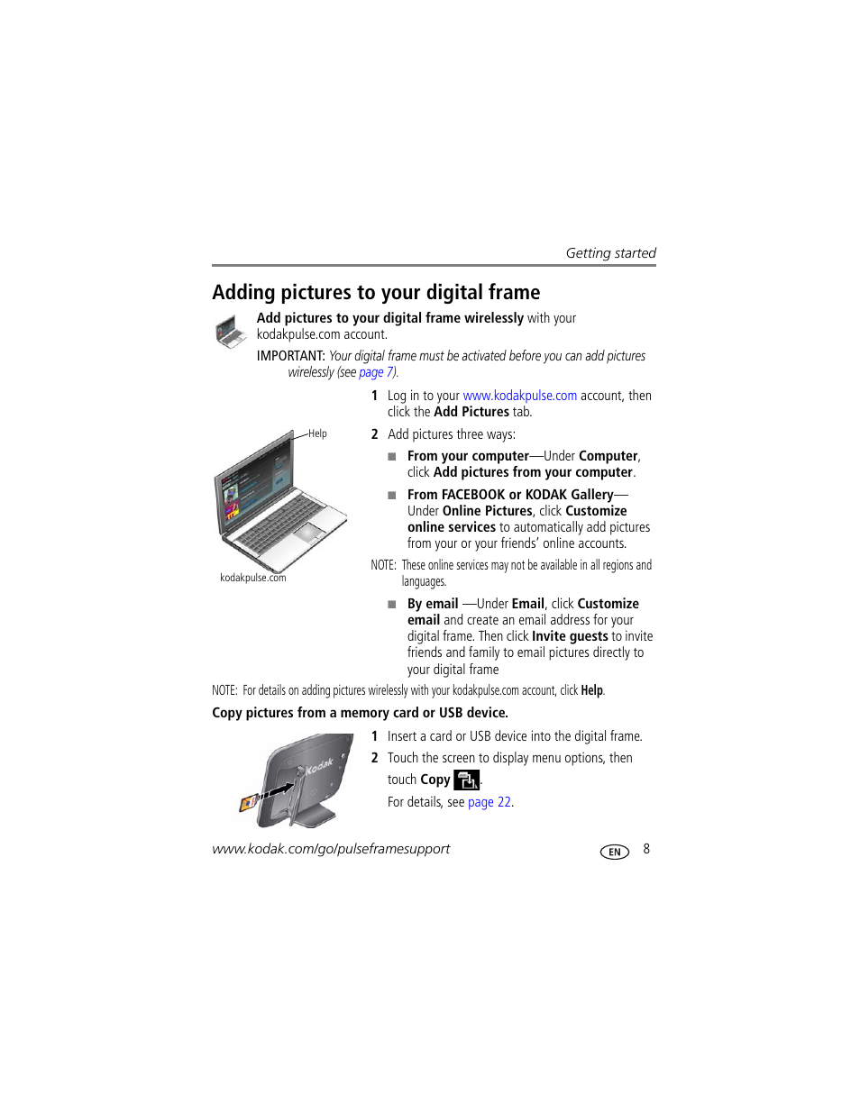 Adding pictures to your digital frame | Kodak PULSE - 10 Inch User Manual | Page 15 / 54