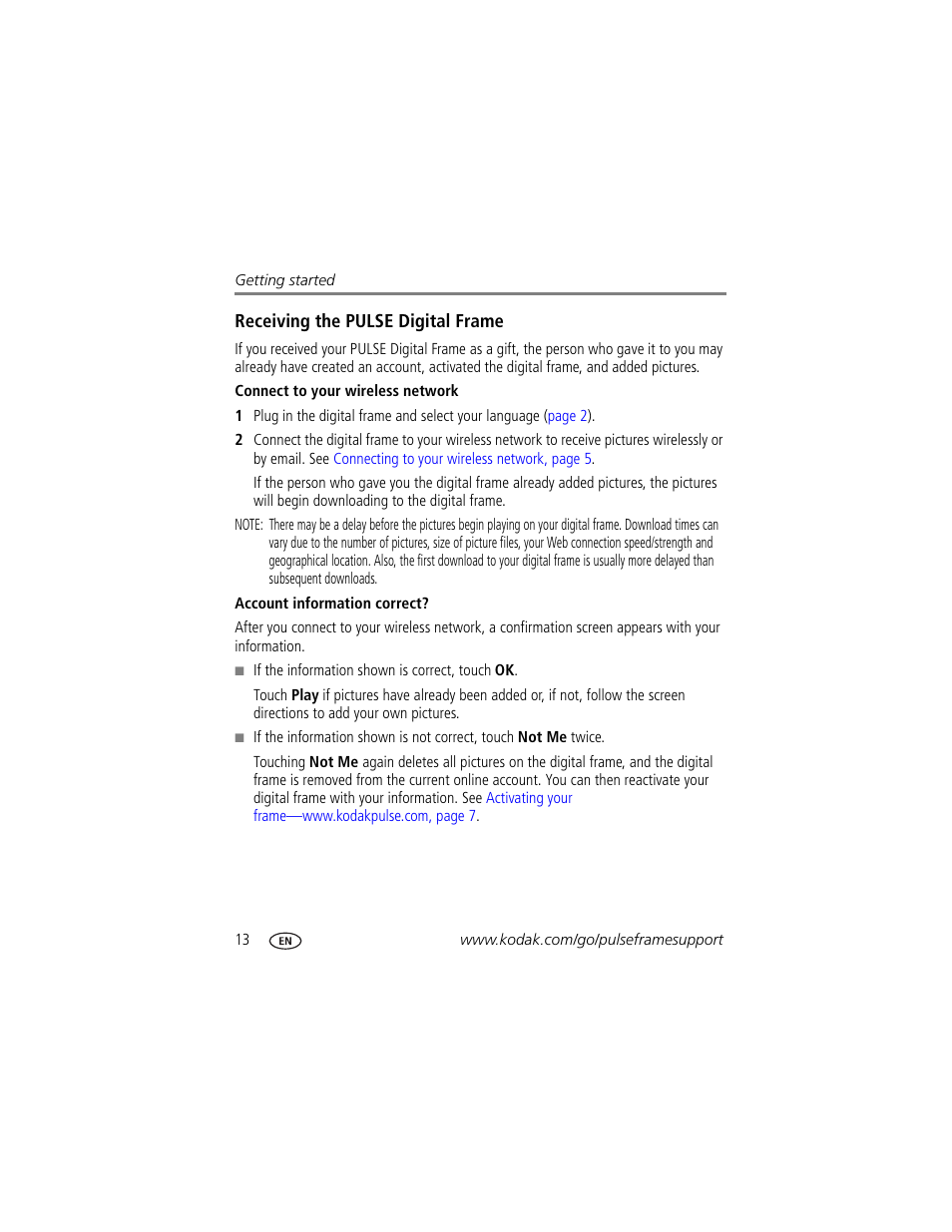 Receiving the pulse digital frame, Connect to your wireless network, Account information correct | Kodak PULSE - 10 Inch User Manual | Page 20 / 54