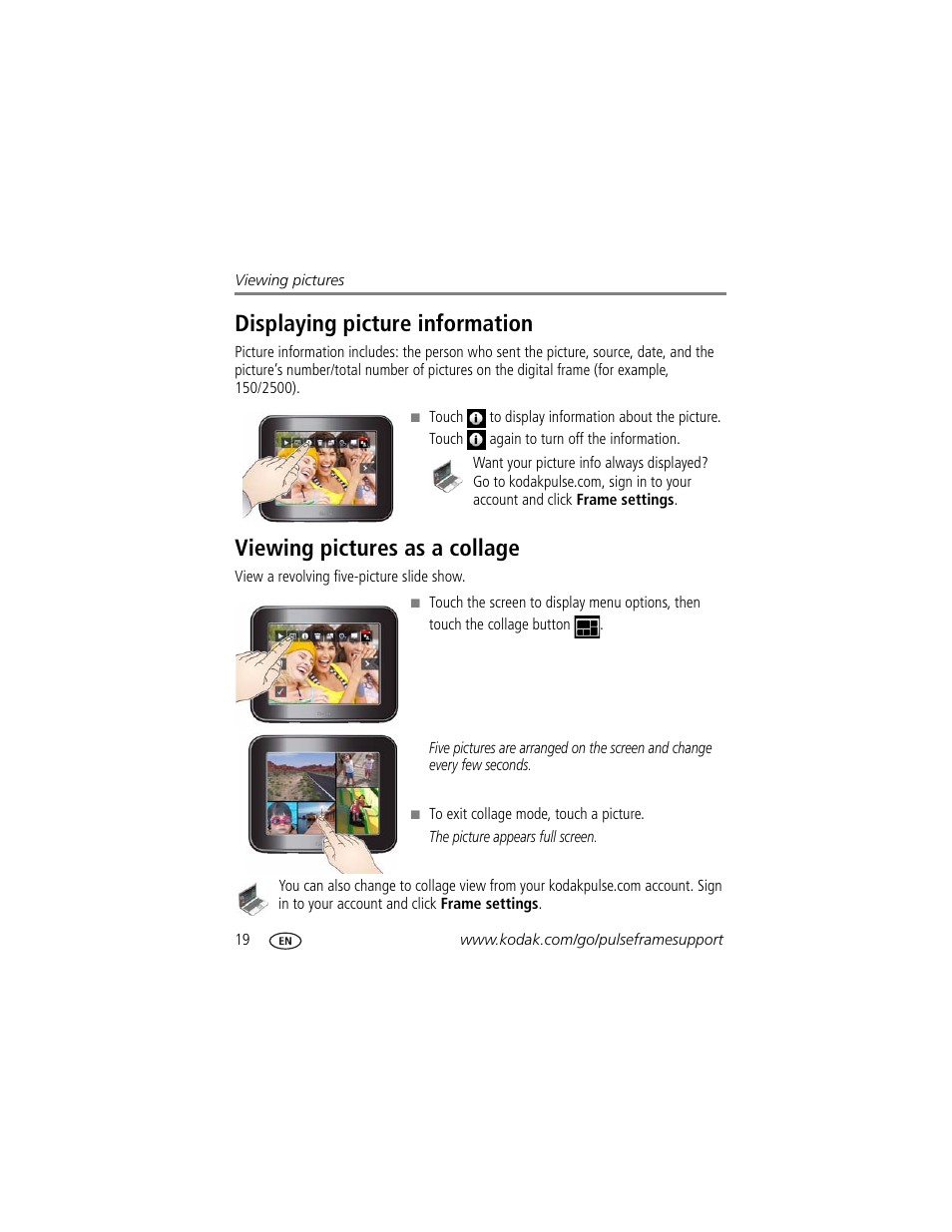 Displaying picture information, Viewing pictures as a collage | Kodak PULSE - 10 Inch User Manual | Page 26 / 54