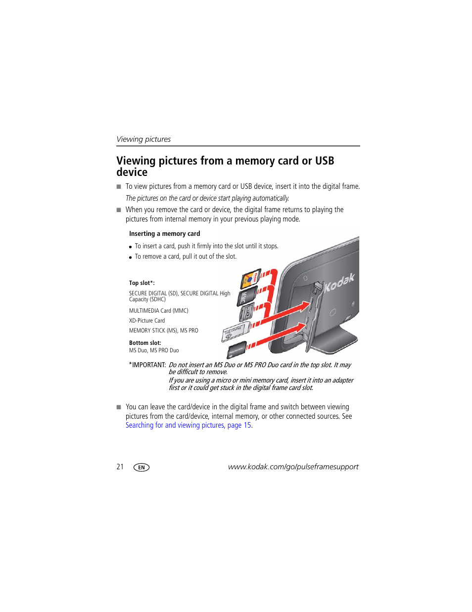 Viewing pictures from a memory card or usb device | Kodak PULSE - 10 Inch User Manual | Page 28 / 54