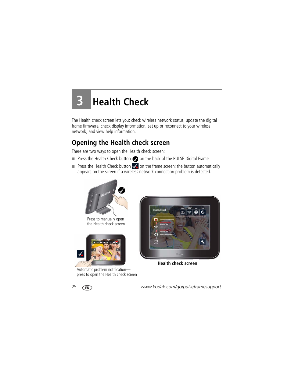 Health check, Opening the health check screen, 3 health check | Kodak PULSE - 10 Inch User Manual | Page 32 / 54