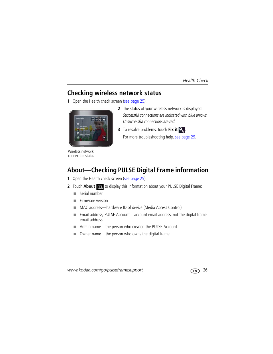 Checking wireless network status, About—checking pulse digital frame information | Kodak PULSE - 10 Inch User Manual | Page 33 / 54