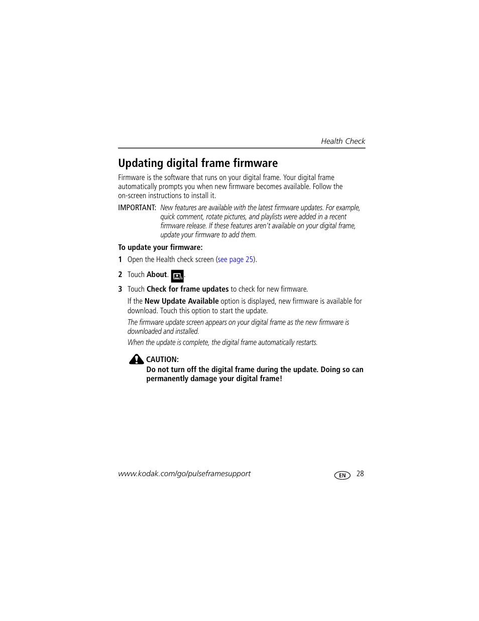 Updating digital frame firmware, Updating digital frame | Kodak PULSE - 10 Inch User Manual | Page 35 / 54