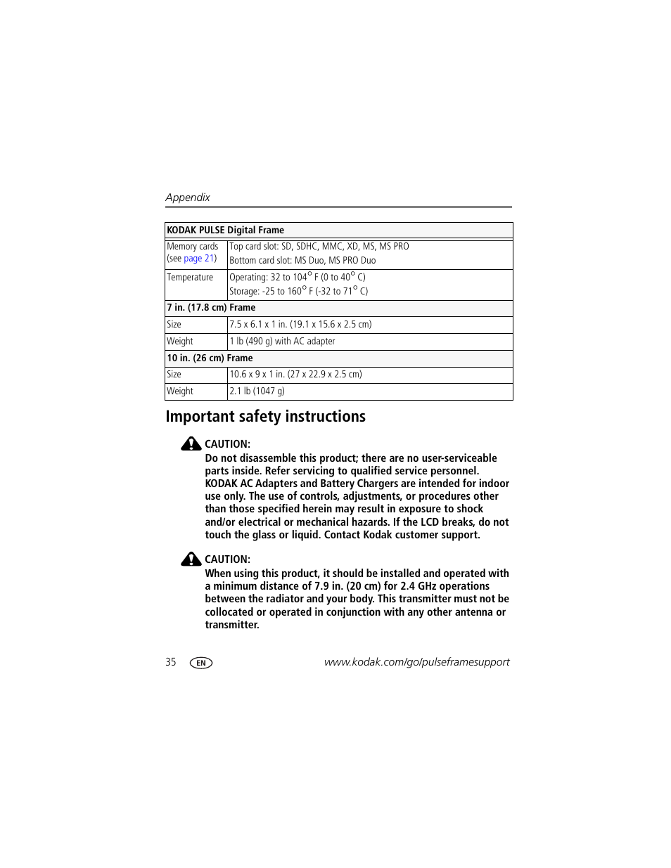 Important safety instructions | Kodak PULSE - 10 Inch User Manual | Page 42 / 54