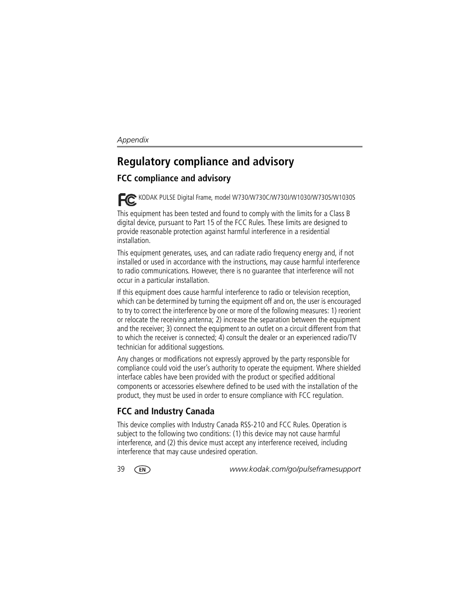 Regulatory compliance and advisory, Fcc compliance and advisory, Fcc and industry canada | Kodak PULSE - 10 Inch User Manual | Page 46 / 54