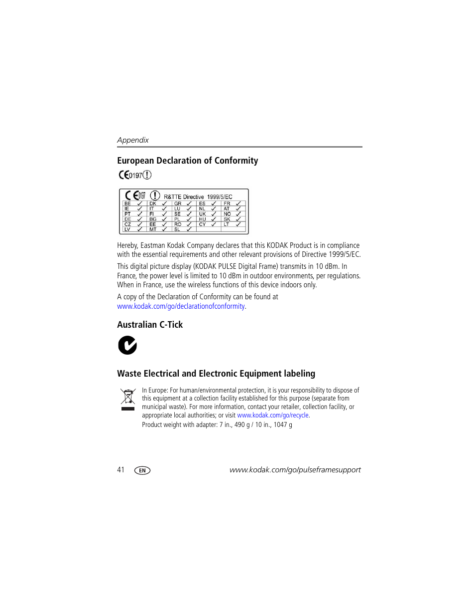 European declaration of conformity, Australian c-tick, Waste electrical and electronic equipment labeling | N137 | Kodak PULSE - 10 Inch User Manual | Page 48 / 54