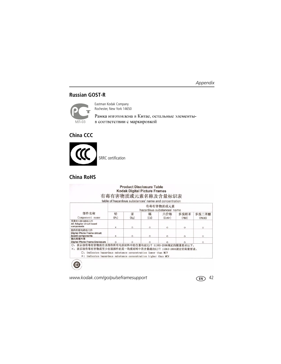 Russian gost-r, China ccc, China rohs | Kodak PULSE - 10 Inch User Manual | Page 49 / 54