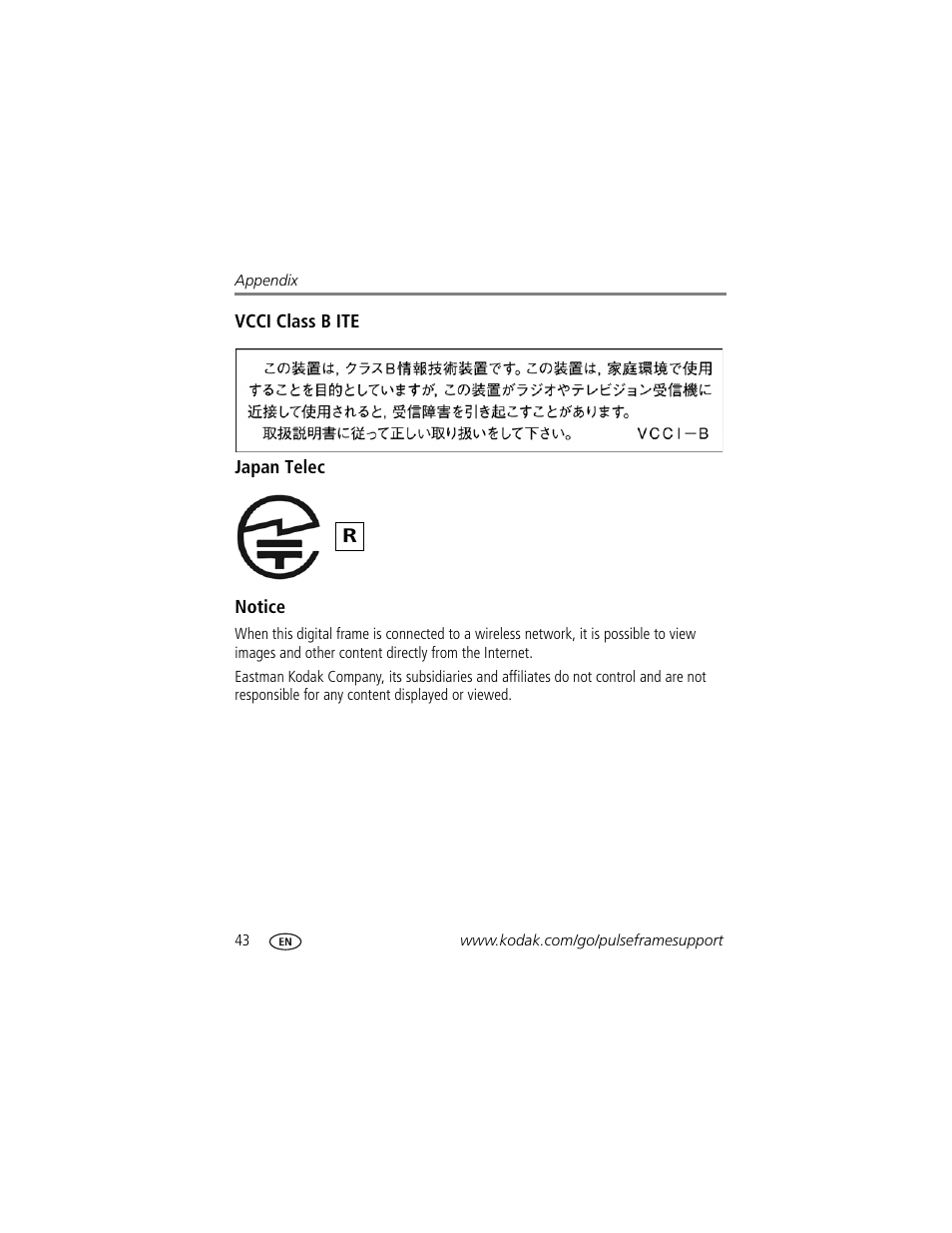 Vcci class b ite, Japan telec, Notice | Kodak PULSE - 10 Inch User Manual | Page 50 / 54