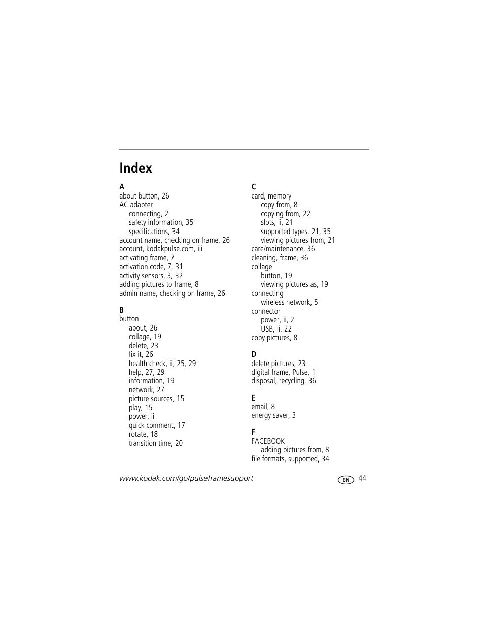 Index | Kodak PULSE - 10 Inch User Manual | Page 51 / 54