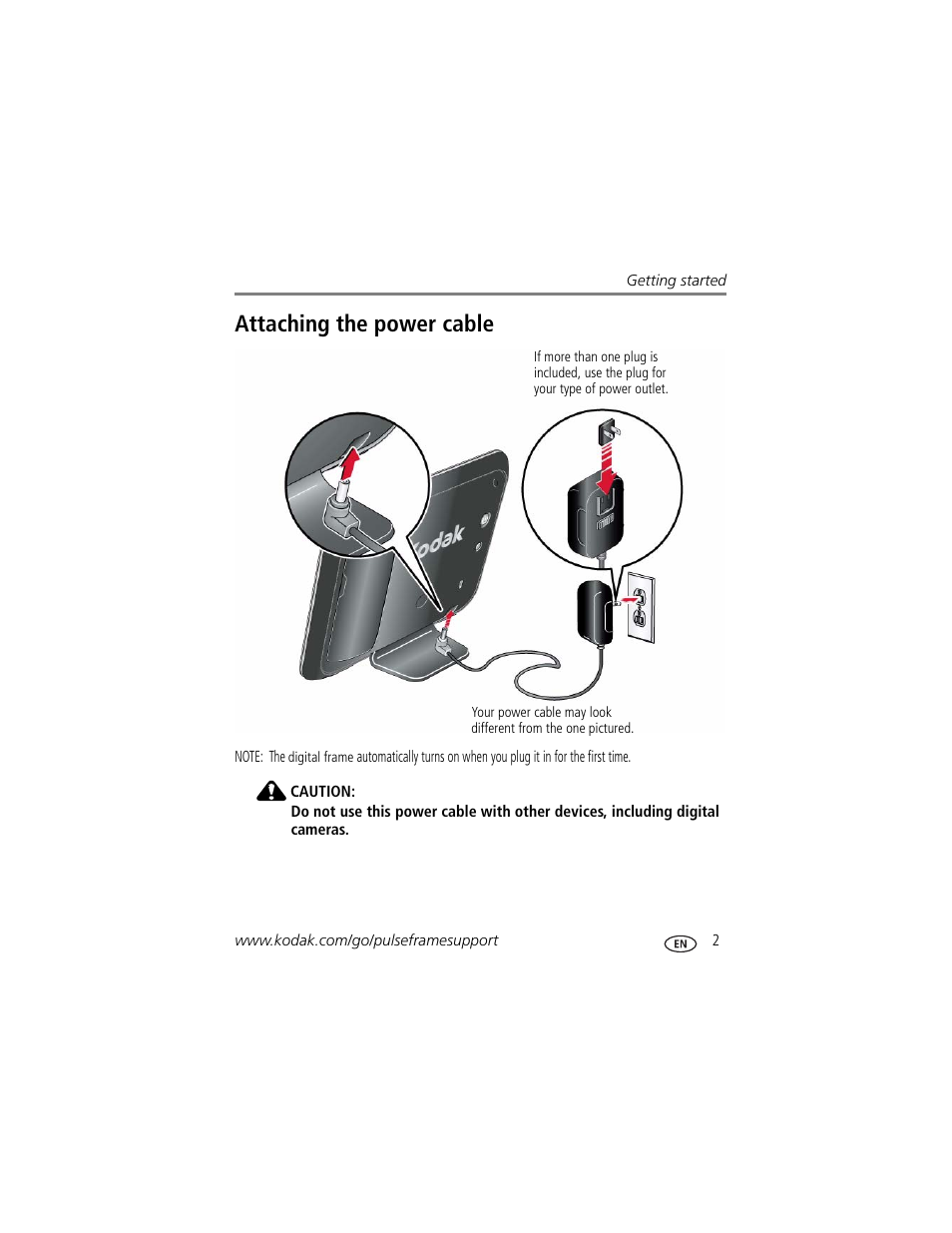 Attaching the power cable | Kodak PULSE - 10 Inch User Manual | Page 9 / 54