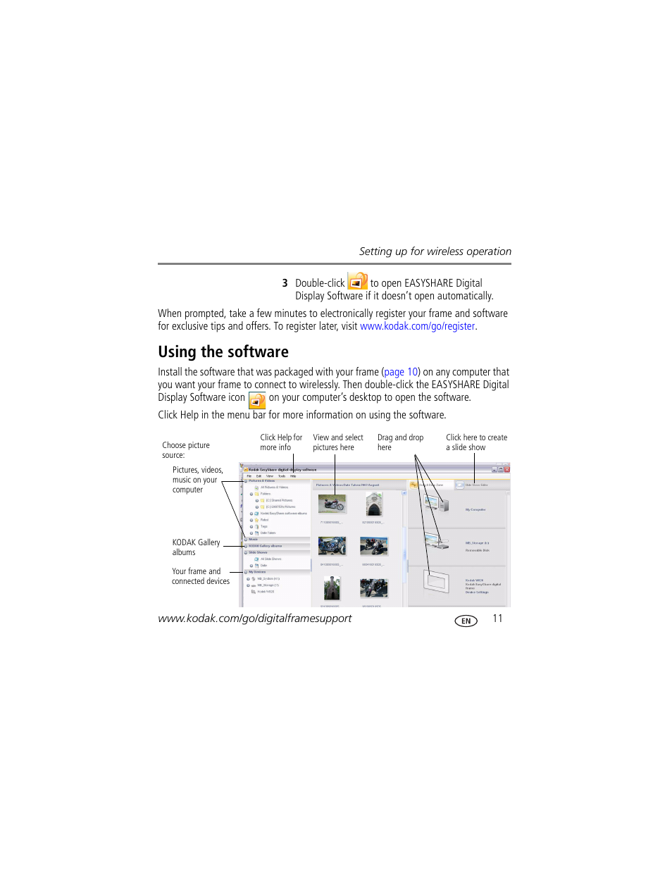 Using the software | Kodak OLED Wireless User Manual | Page 11 / 29