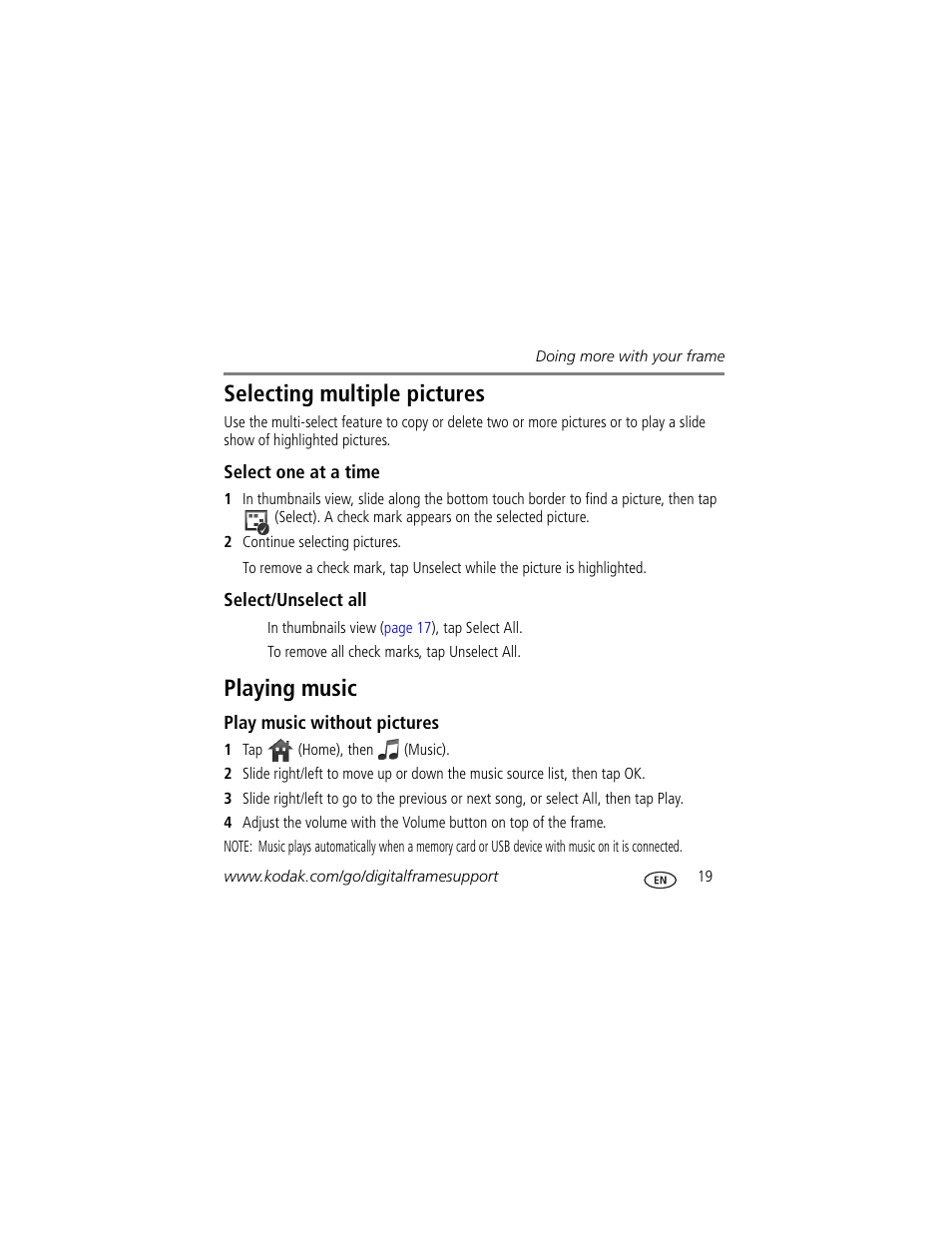 Selecting multiple pictures, Select one at a time, Select/unselect all | Playing music, Play music without pictures | Kodak OLED Wireless User Manual | Page 19 / 29