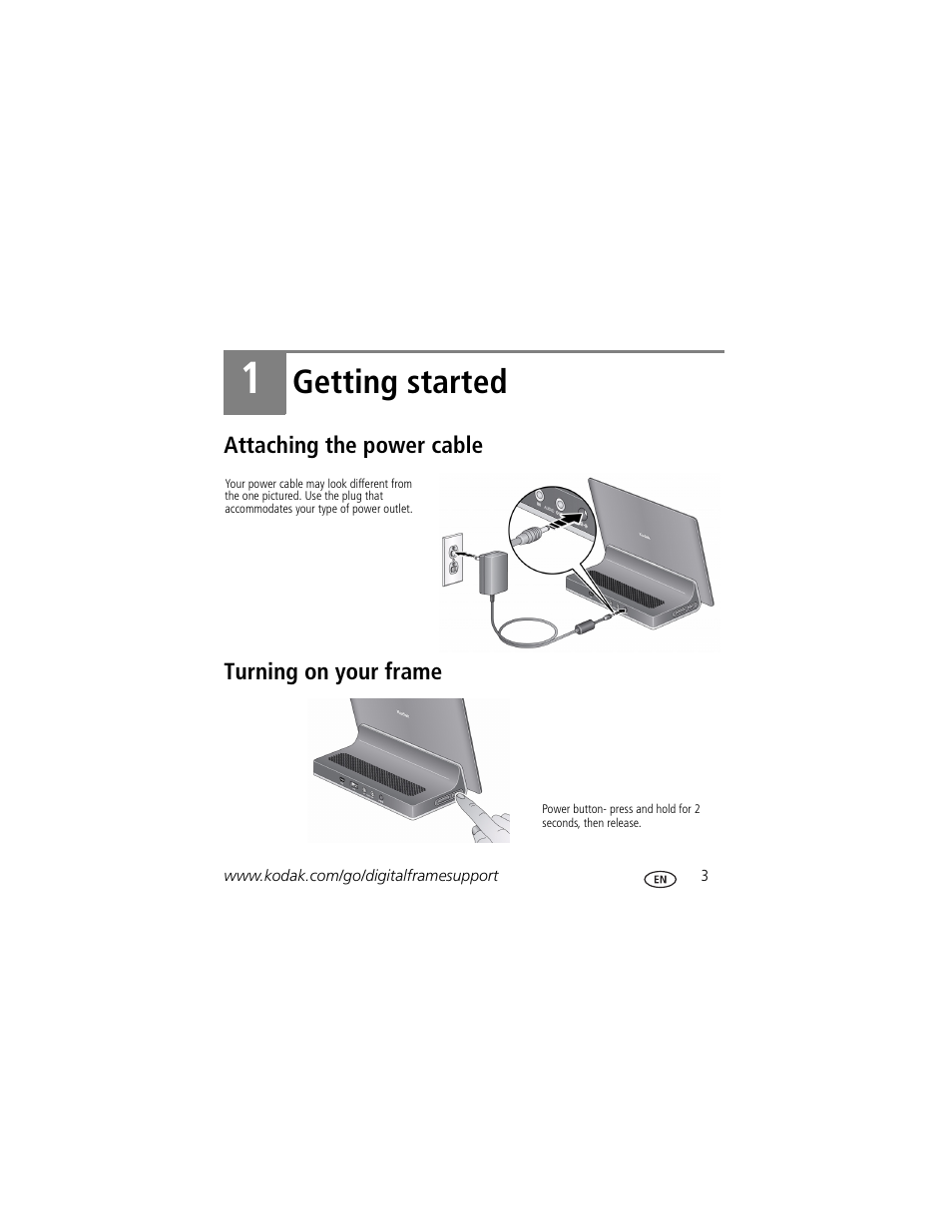 Getting started, Attaching the power cable, Turning on your frame | Kodak OLED Wireless User Manual | Page 3 / 29