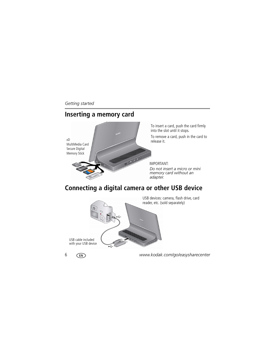 Inserting a memory card, Connecting a digital camera or other usb device | Kodak OLED Wireless User Manual | Page 6 / 29