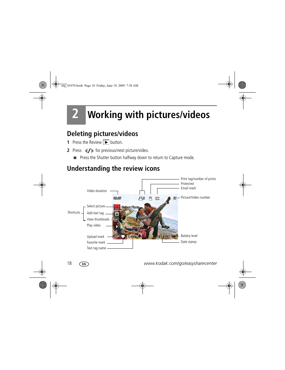 Working with pictures/videos, Deleting pictures/videos, Understanding the review icons | Kodak CD82 User Manual | Page 18 / 26