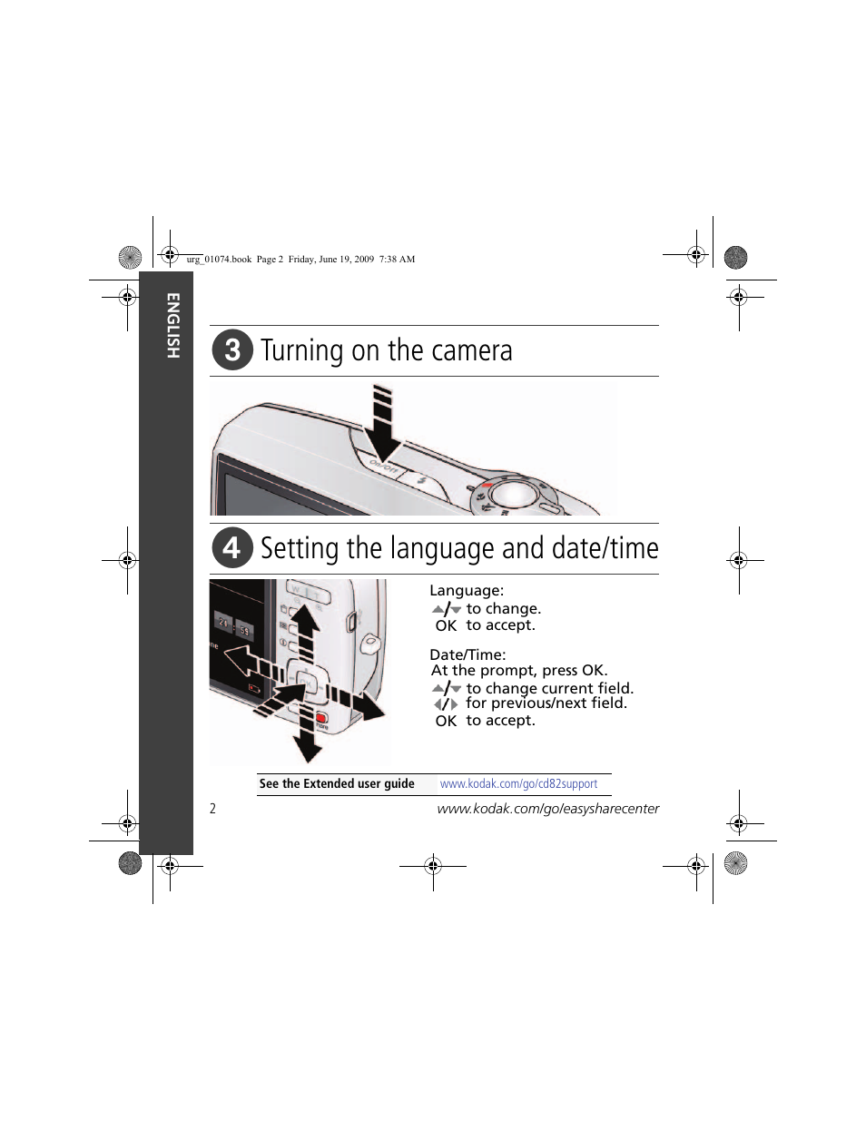Turning on the camera, Setting the language and date/time | Kodak CD82 User Manual | Page 2 / 26