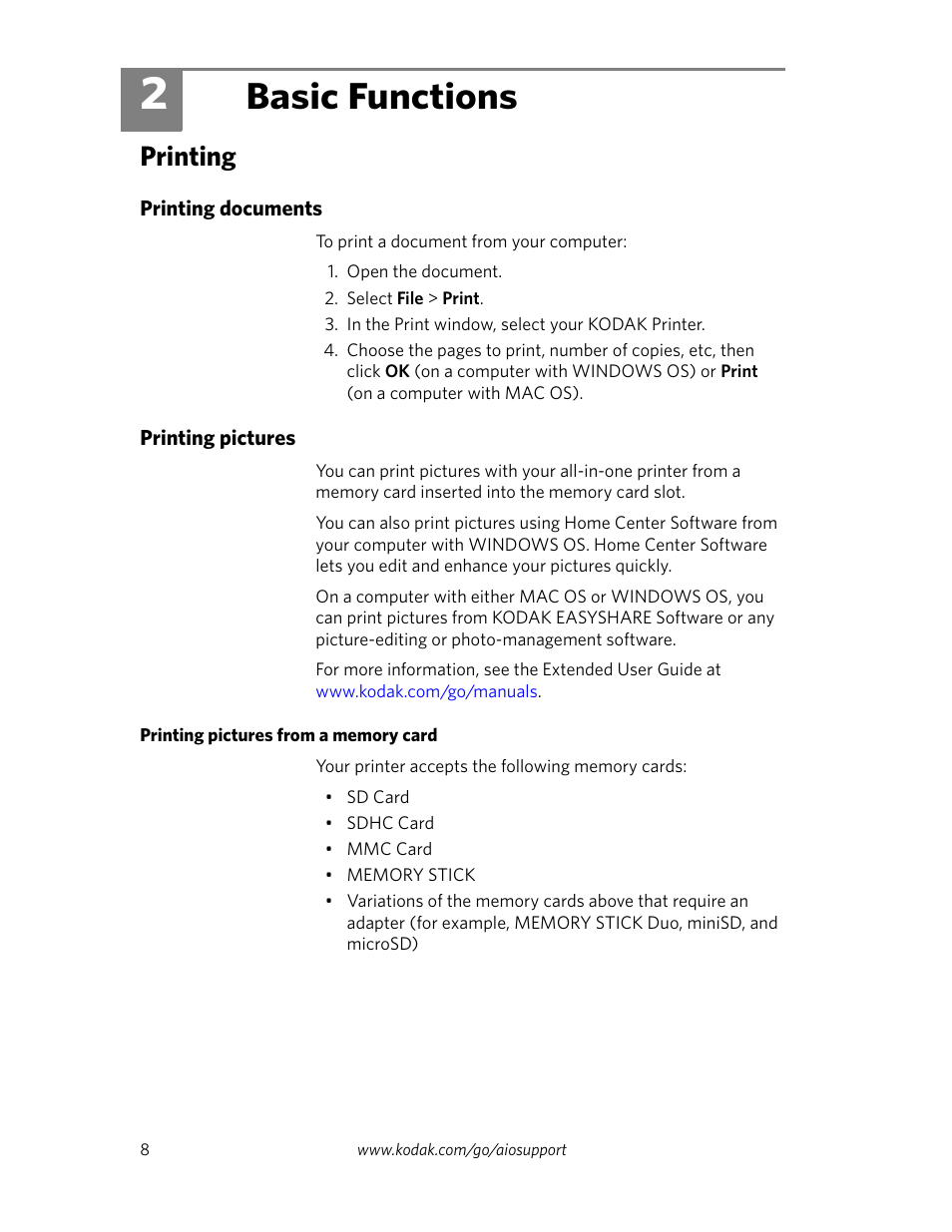 Basic functions, Printing, Printing documents | Printing pictures, Printing pictures from a memory card, 2 basic functions, Printing documents printing pictures | Kodak ESP C110 User Manual | Page 10 / 20