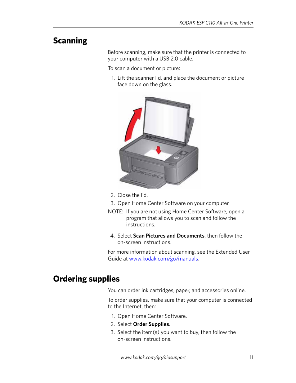 Scanning, Ordering supplies, Scanning ordering supplies | Kodak ESP C110 User Manual | Page 13 / 20