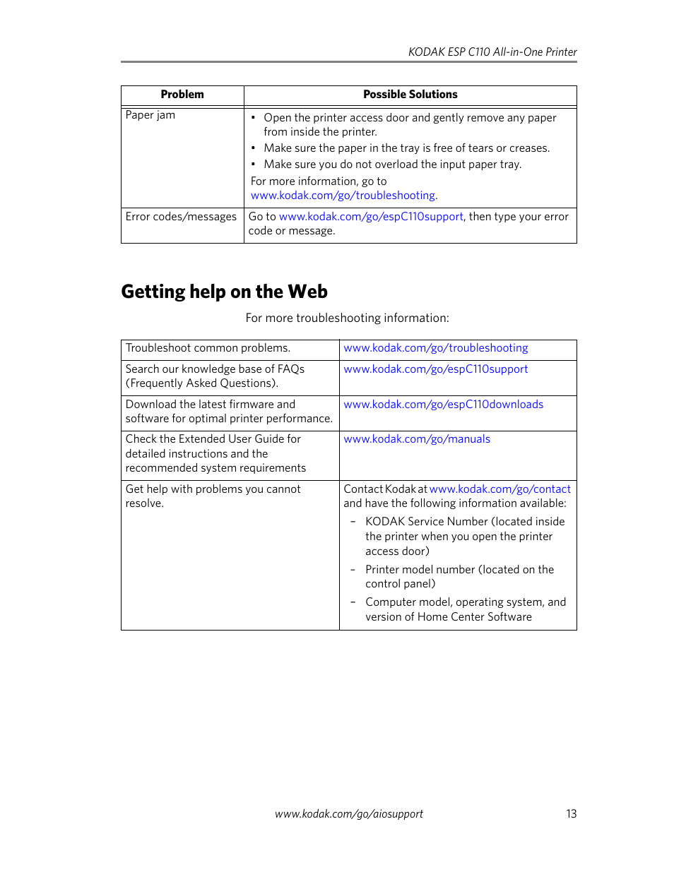 Getting help on the web | Kodak ESP C110 User Manual | Page 15 / 20