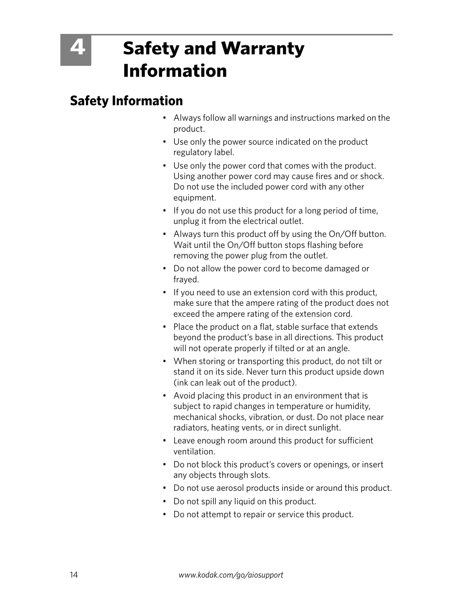 Safety and warranty information, Safety information, 4 safety and warranty information | Kodak ESP C110 User Manual | Page 16 / 20