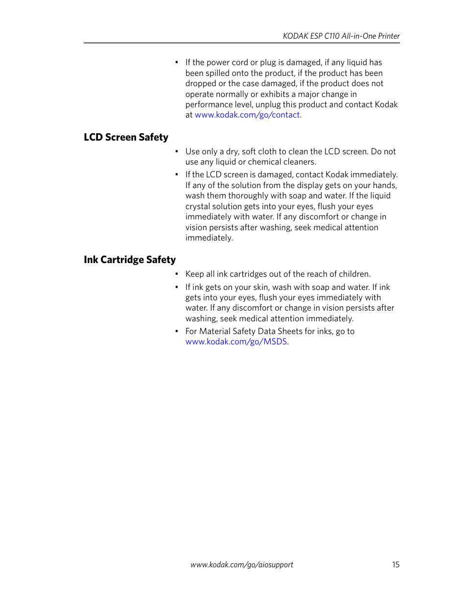 Lcd screen safety, Ink cartridge safety, Lcd screen safety ink cartridge safety | Kodak ESP C110 User Manual | Page 17 / 20