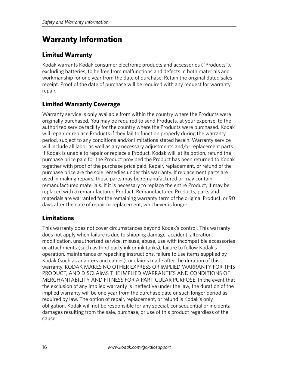 Warranty information, Limited warranty, Limited warranty coverage | Limitations | Kodak ESP C110 User Manual | Page 18 / 20