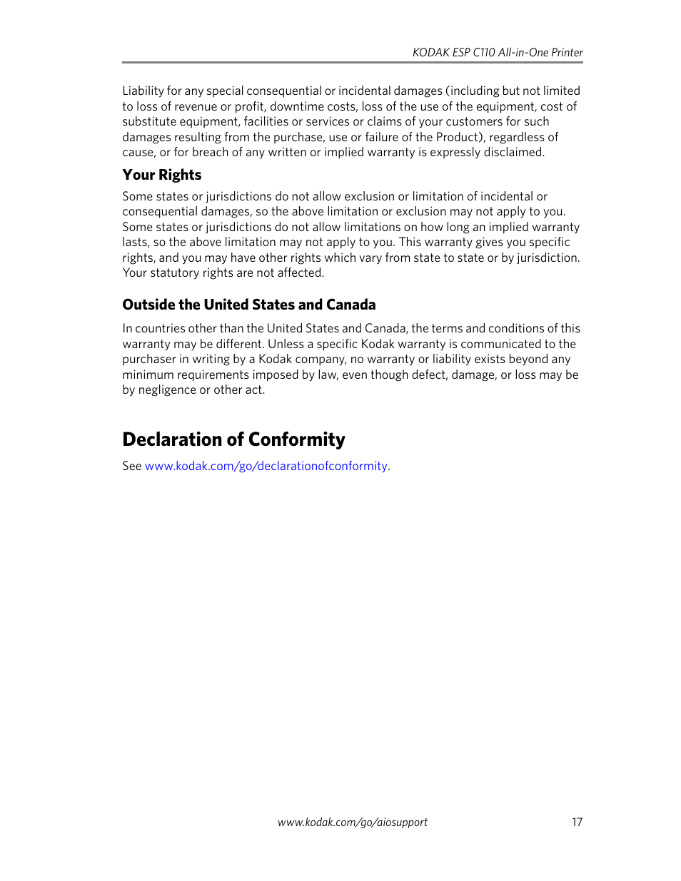 Your rights, Outside the united states and canada, Declaration of conformity | Your rights outside the united states and canada | Kodak ESP C110 User Manual | Page 19 / 20