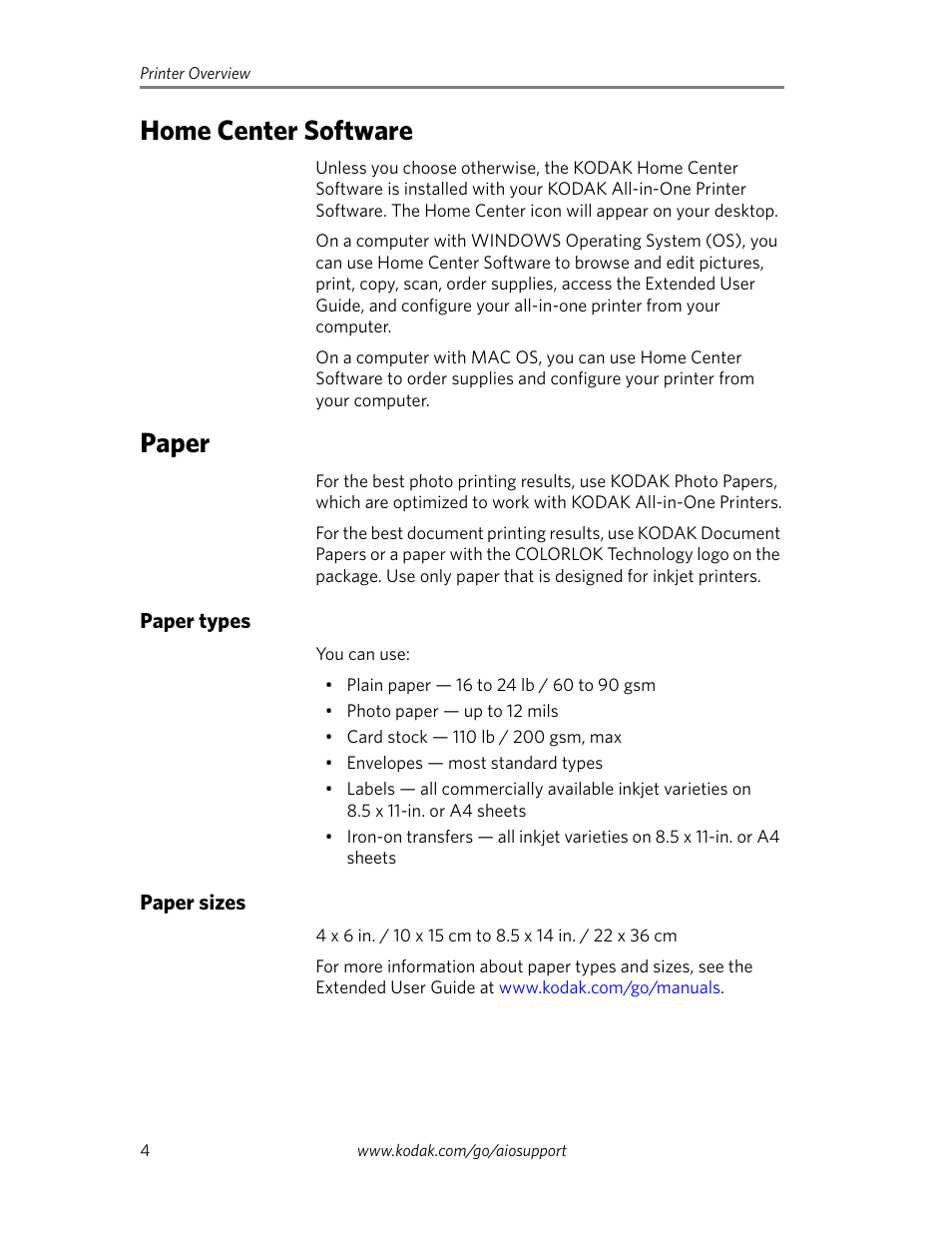 Home center software, Paper, Paper types | Paper sizes, Home center software paper, Paper types paper sizes | Kodak ESP C110 User Manual | Page 6 / 20