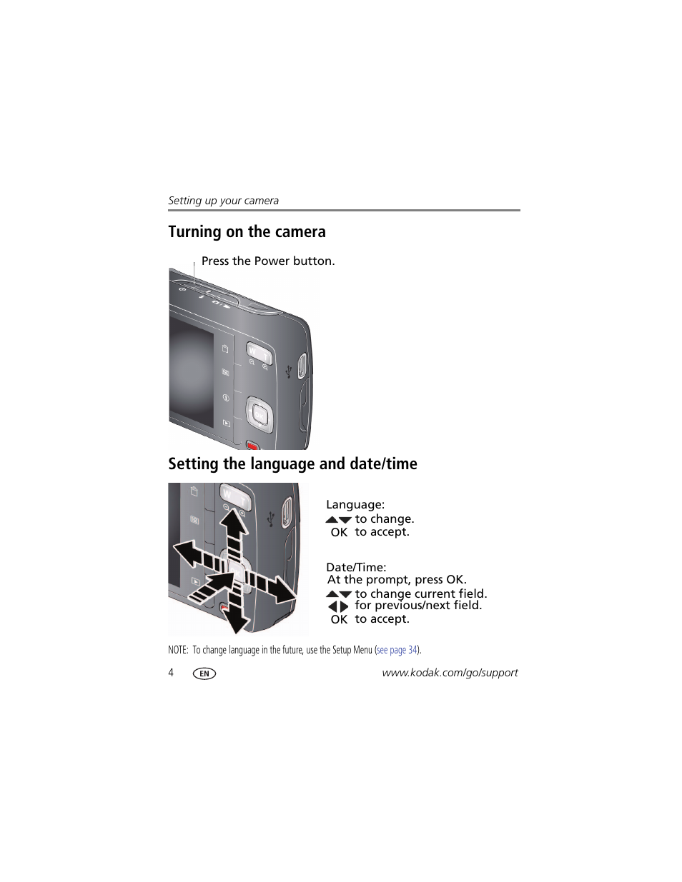 Turning on the camera, Setting the language and date/time | Kodak MD30 User Manual | Page 10 / 67