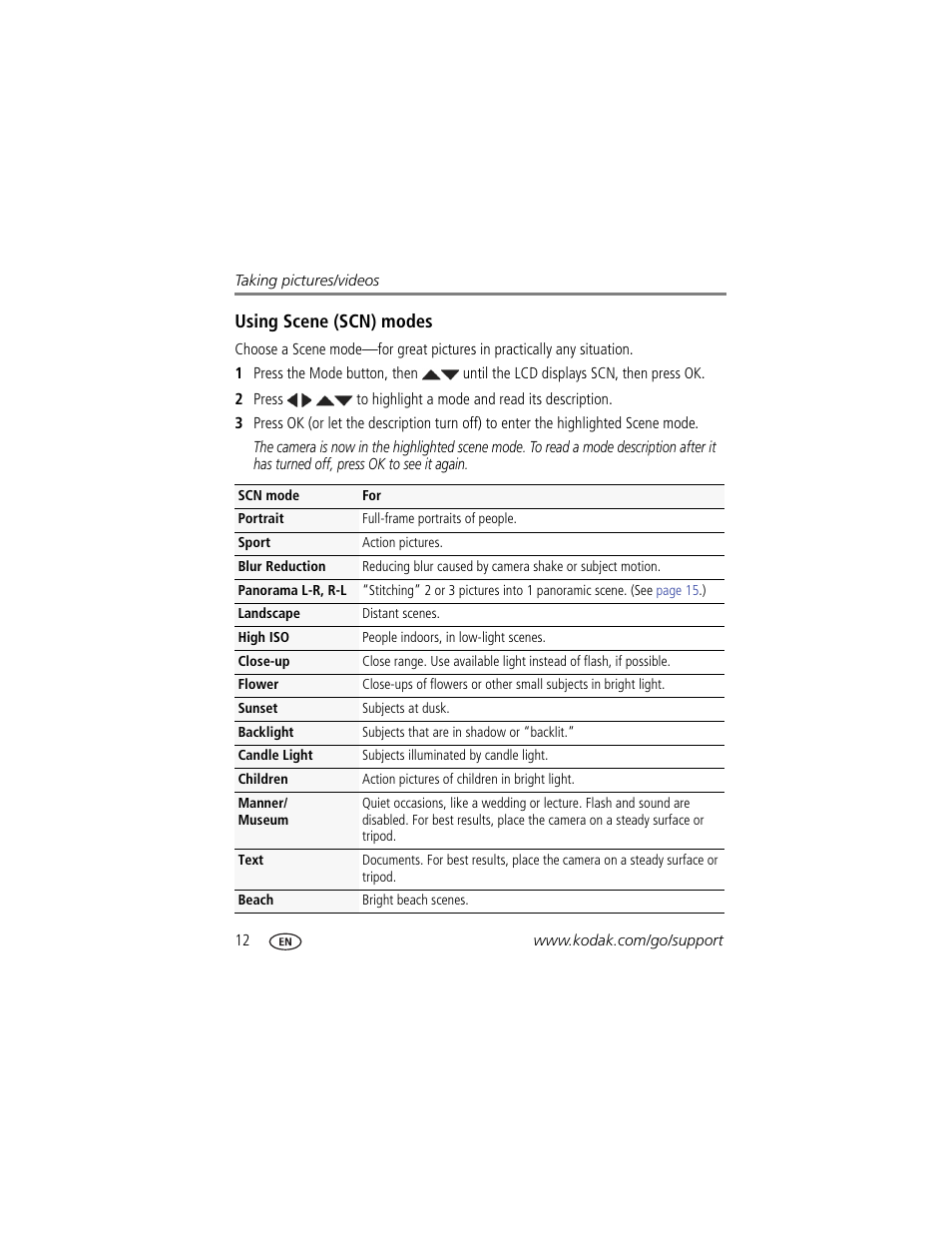 Using scene (scn) modes, Ation. (see | Kodak MD30 User Manual | Page 18 / 67