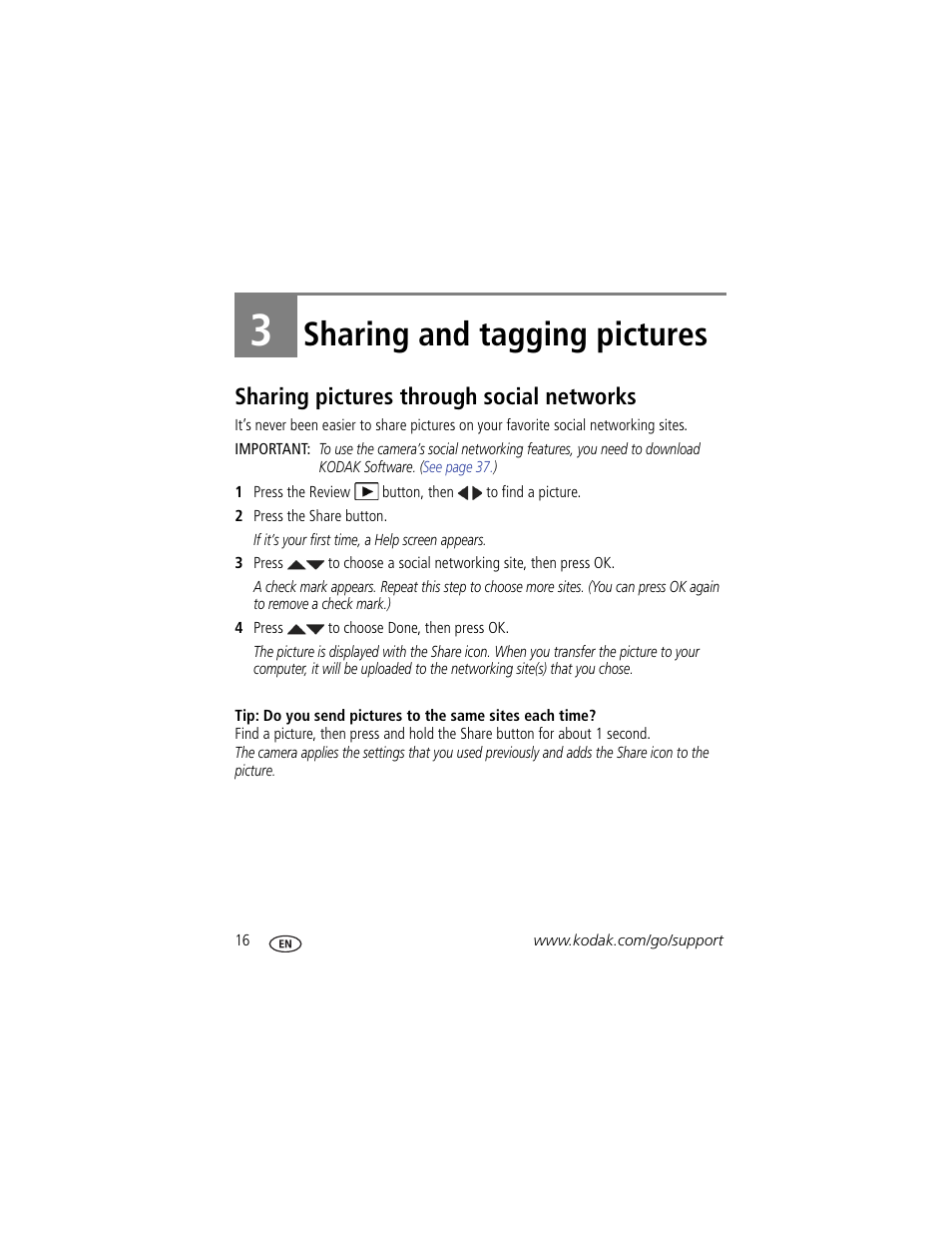 Sharing and tagging pictures, Sharing pictures through social networks, 3 sharing and tagging pictures | Kodak MD30 User Manual | Page 22 / 67