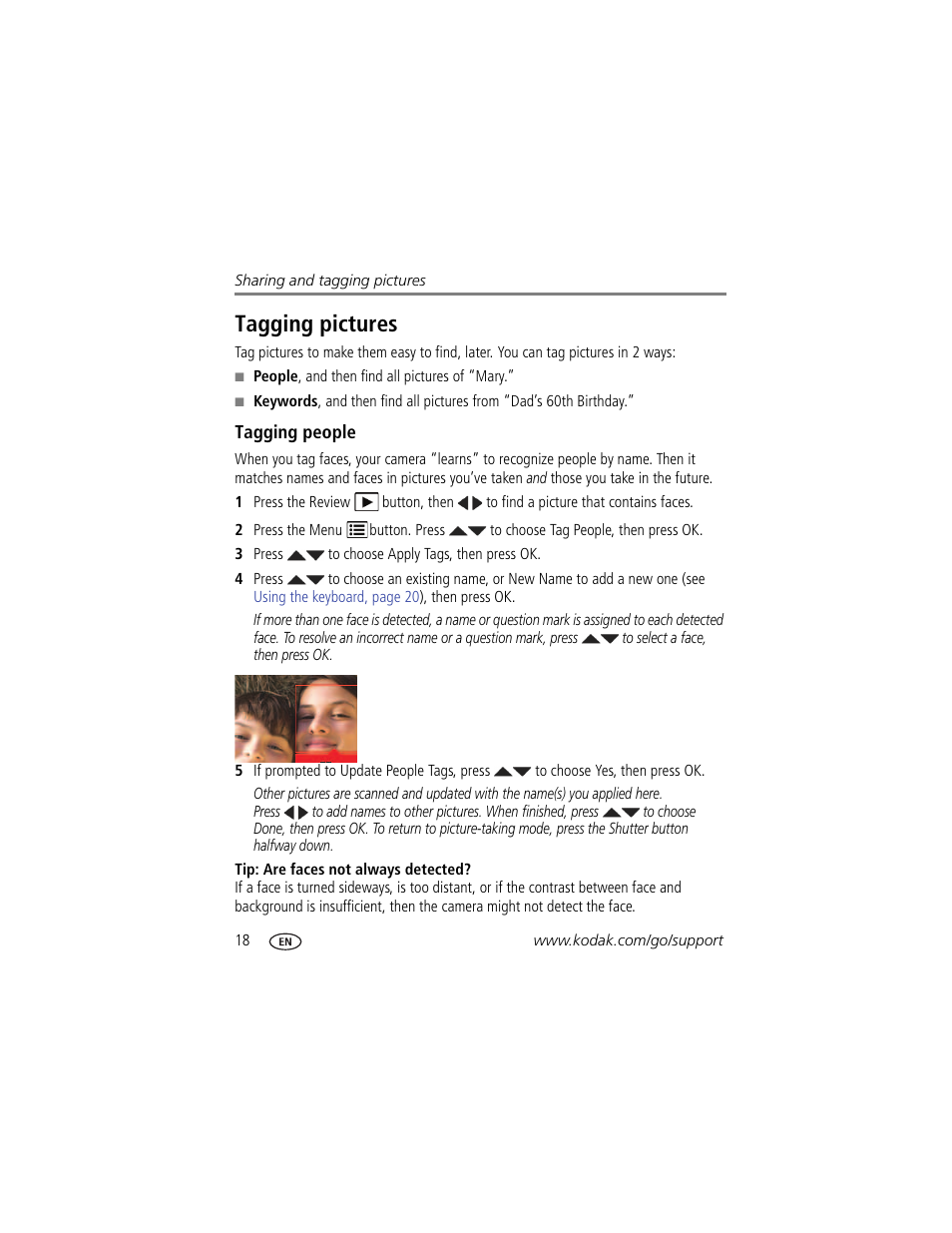 Tagging pictures, Tagging people | Kodak MD30 User Manual | Page 24 / 67