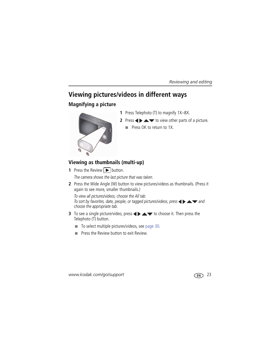 Viewing pictures/videos in different ways, Magnifying a picture, Viewing as thumbnails (multi-up) | Kodak MD30 User Manual | Page 29 / 67