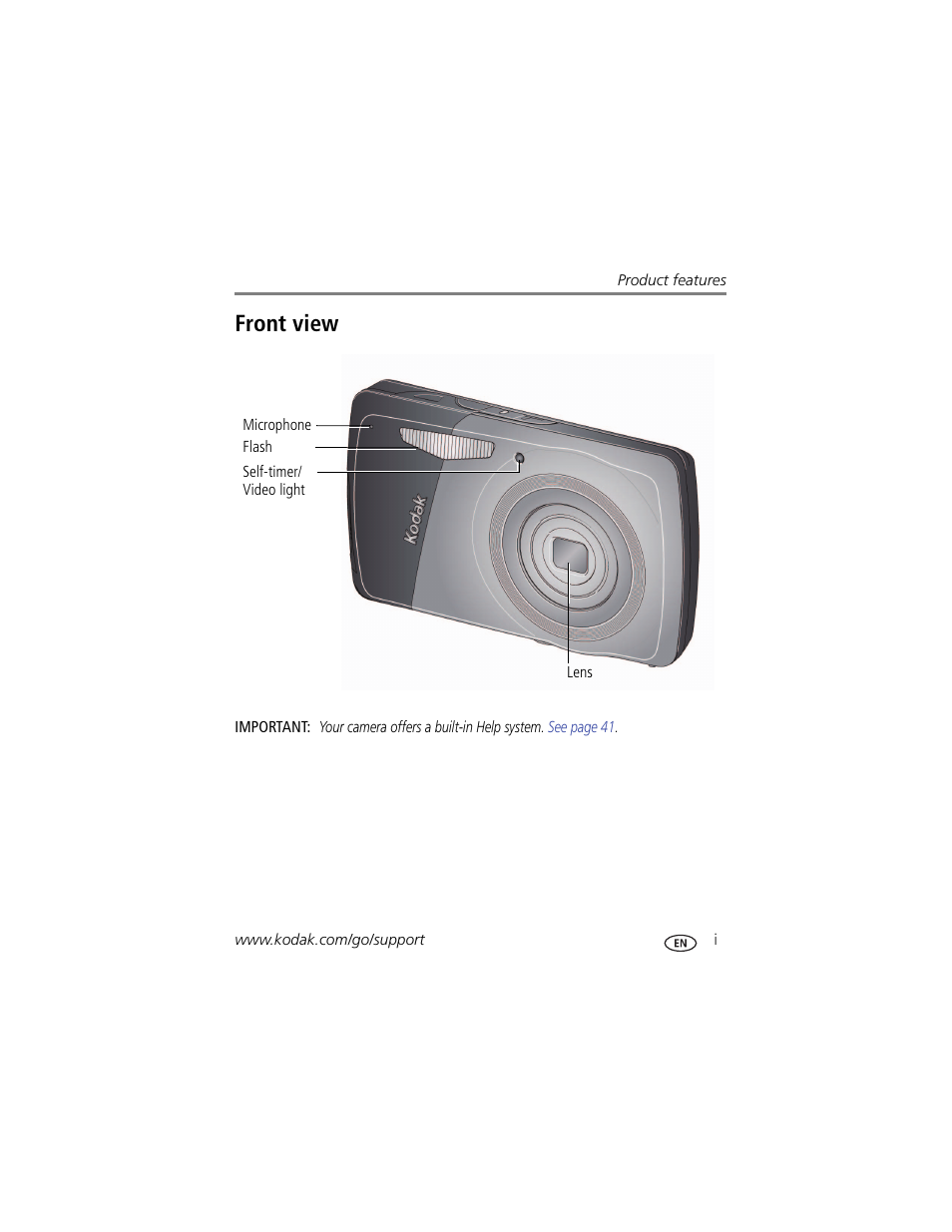 Product features, Front view | Kodak MD30 User Manual | Page 3 / 67