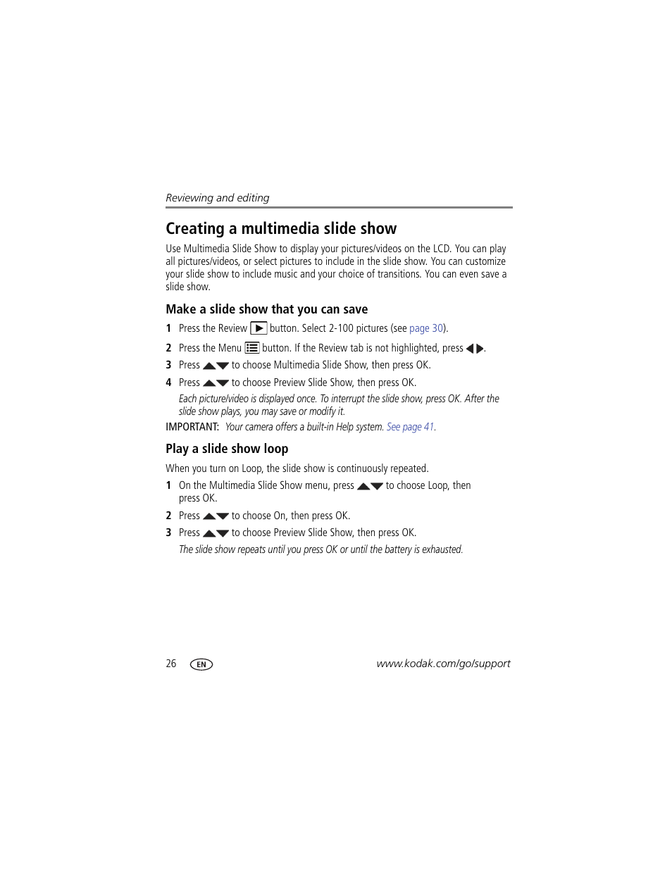 Creating a multimedia slide show, Make a slide show that you can save, Play a slide show loop | Kodak MD30 User Manual | Page 32 / 67
