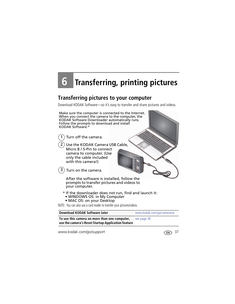 Transferring, printing pictures, Transferring pictures to your computer, 6 transferring, printing pictures | Kodak MD30 User Manual | Page 43 / 67