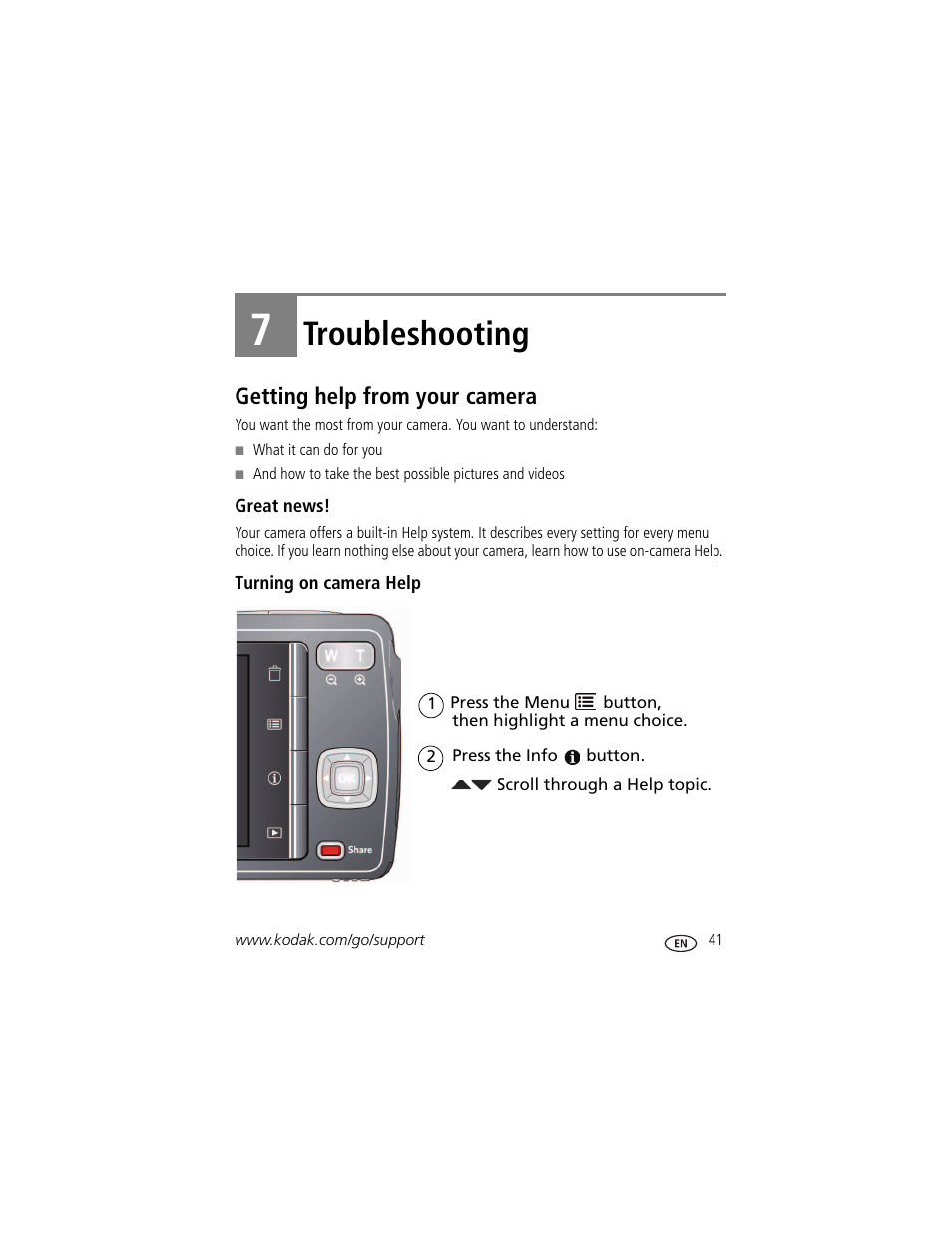 Troubleshooting, Getting help from your camera, Great news | Turning on camera help, 7 troubleshooting, Stem | Kodak MD30 User Manual | Page 47 / 67