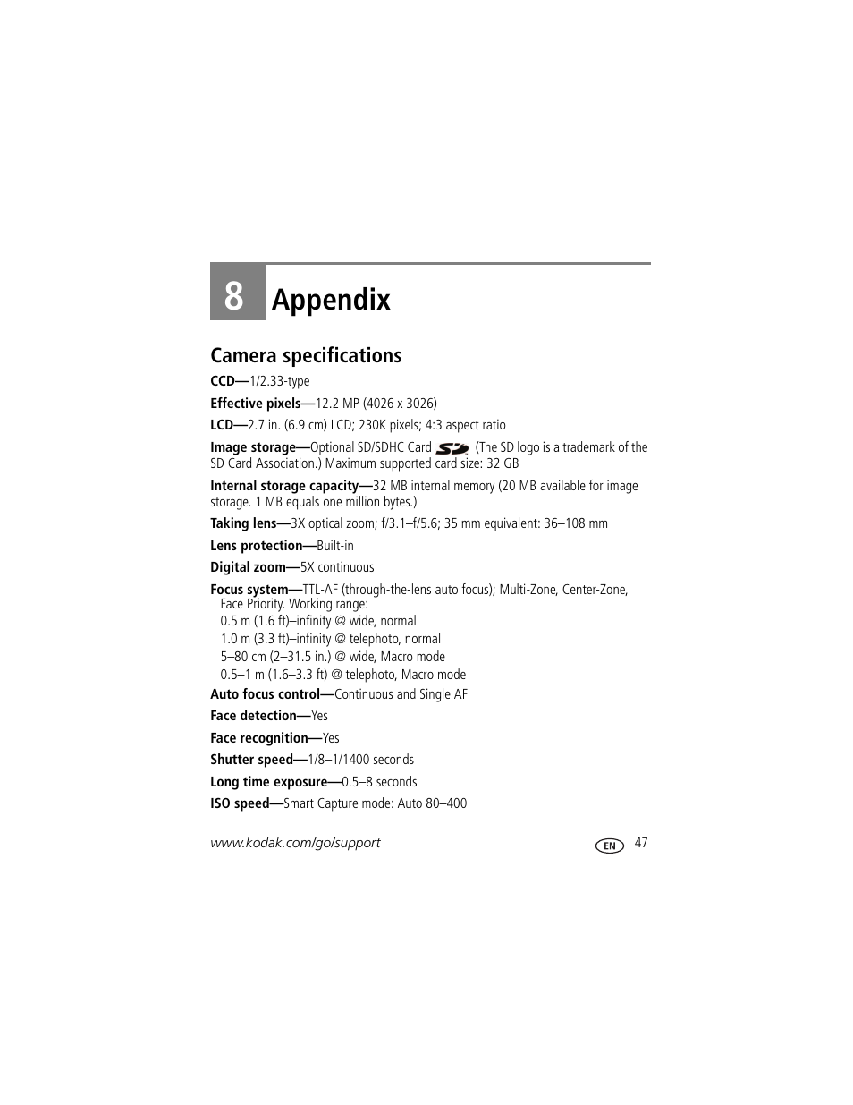 Appendix, Camera specifications, 8 appendix | Kodak MD30 User Manual | Page 53 / 67