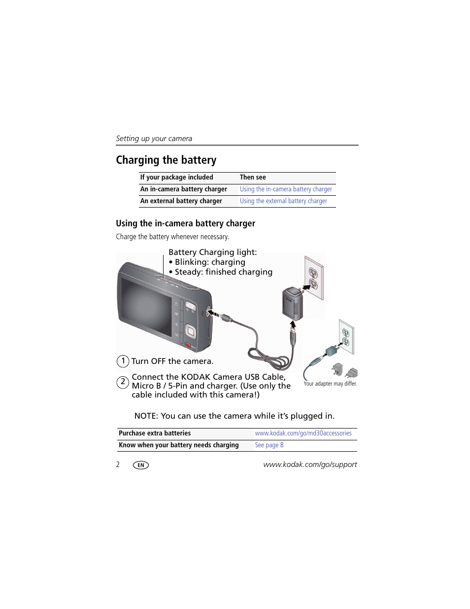 Charging the battery, Using the in-camera battery charger | Kodak MD30 User Manual | Page 8 / 67