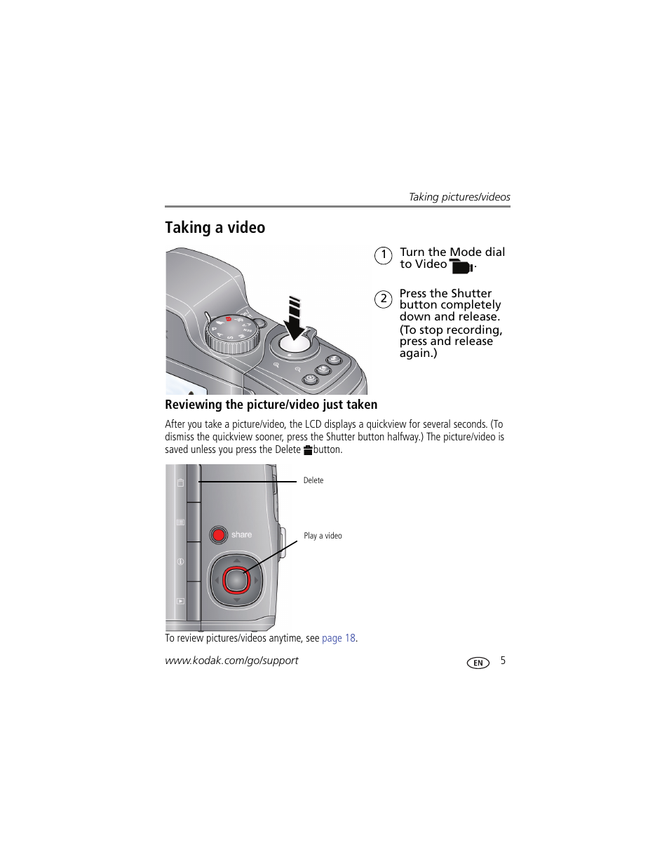 Taking a video, Reviewing the picture/video just taken | Kodak Z915 User Manual | Page 11 / 74