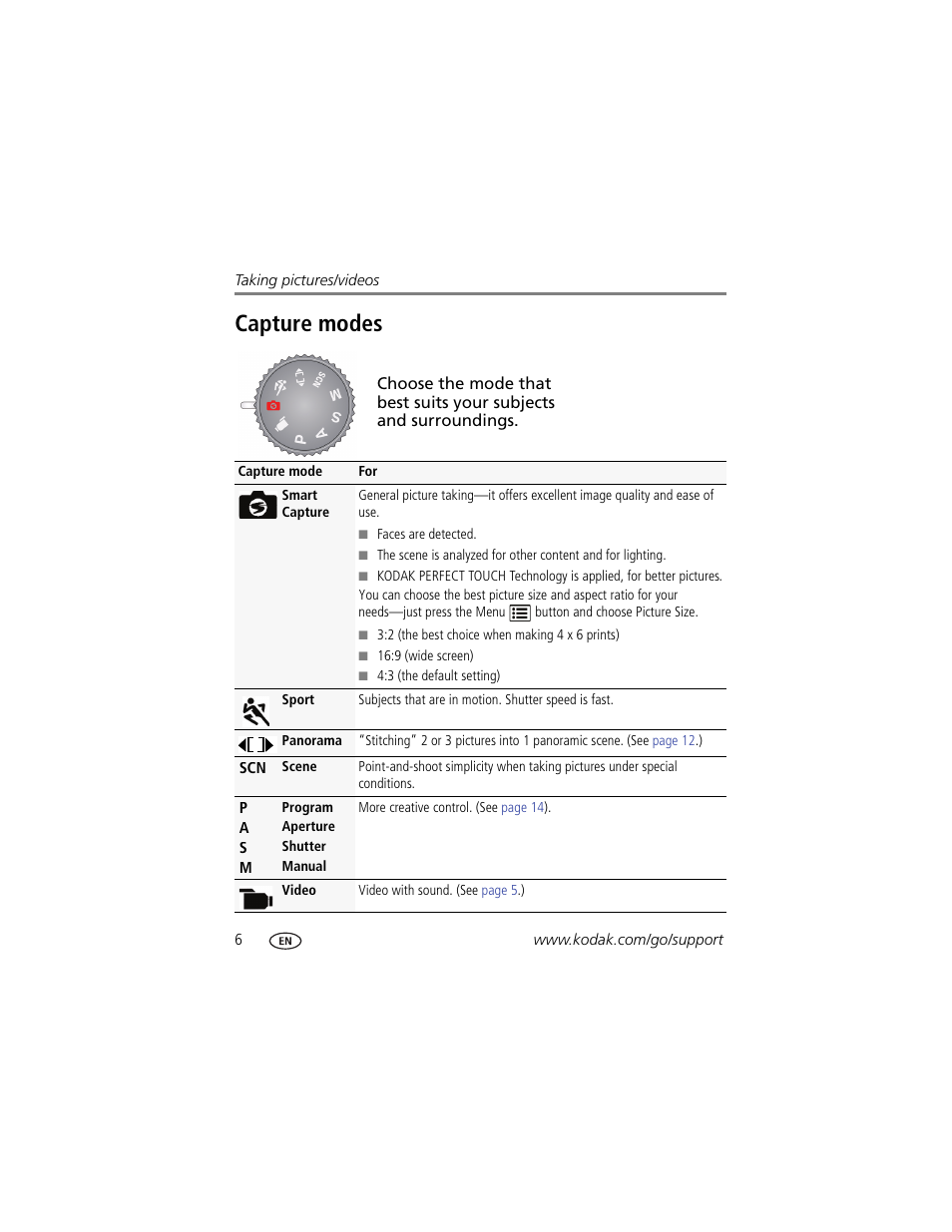 Capture modes | Kodak Z915 User Manual | Page 12 / 74