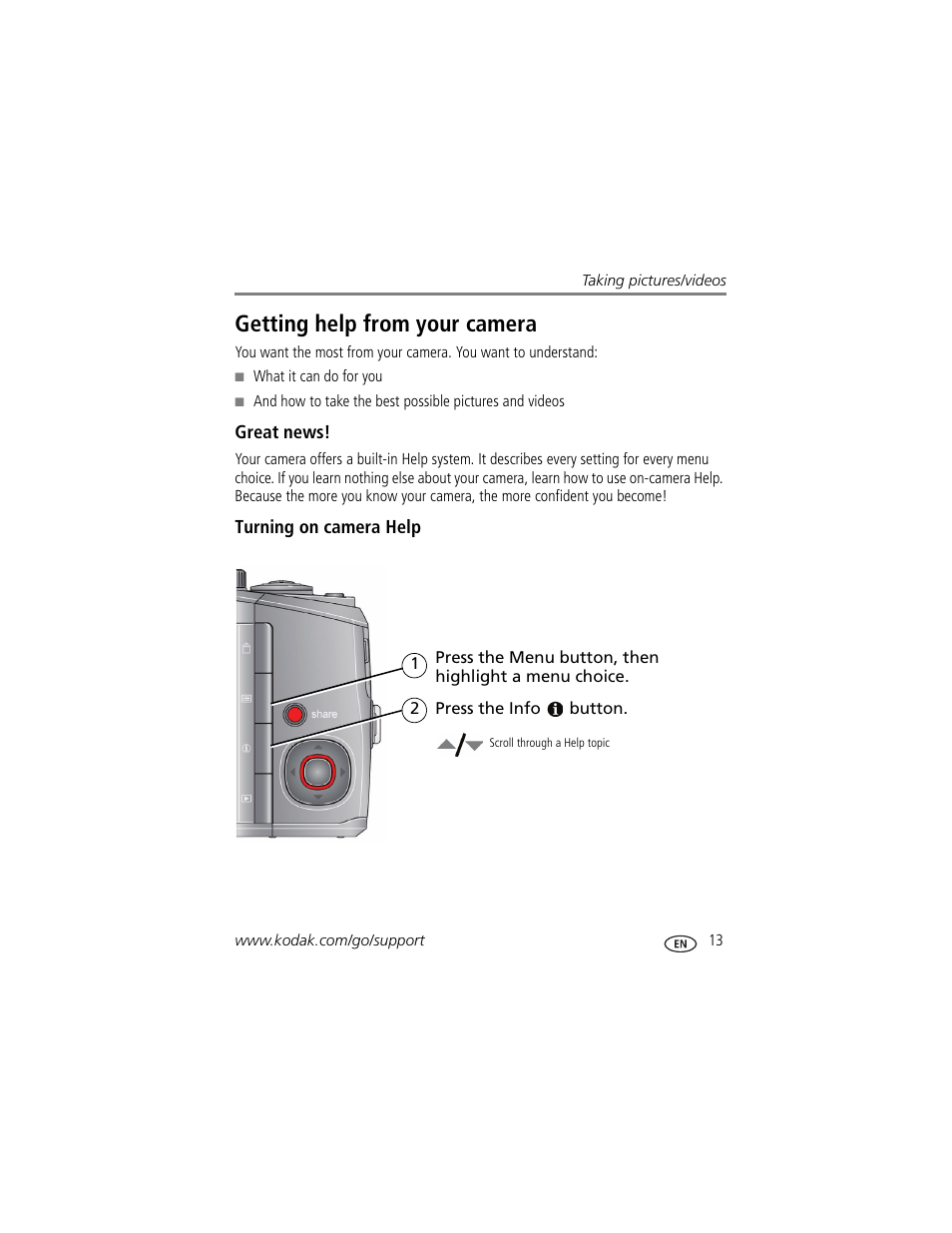 Getting help from your camera, Great news, Turning on camera help | Kodak Z915 User Manual | Page 19 / 74