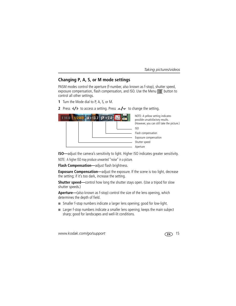 Changing p, a, s, or m mode settings | Kodak Z915 User Manual | Page 21 / 74