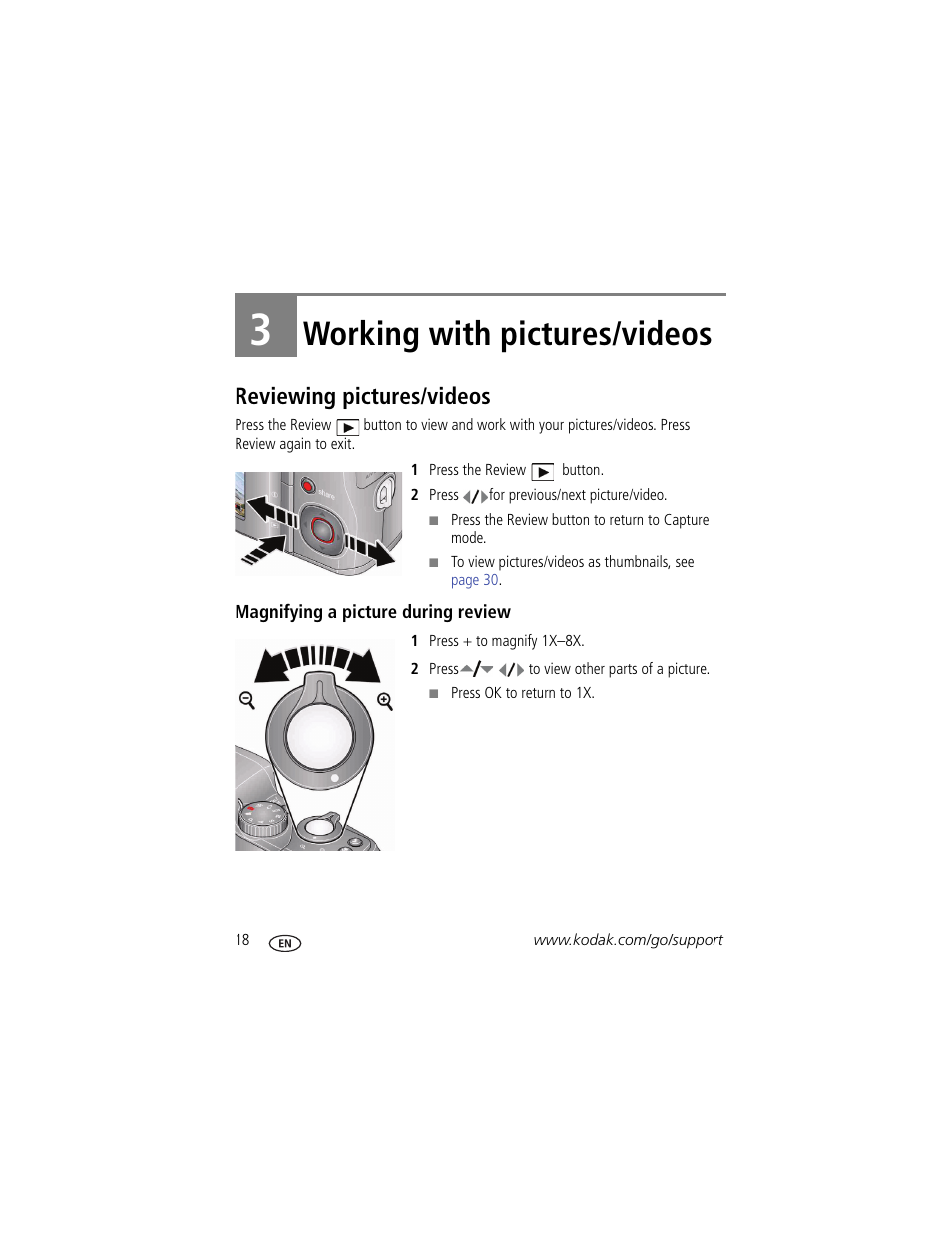 Working with pictures/videos, Reviewing pictures/videos, Magnifying a picture during review | 3 working with pictures/videos | Kodak Z915 User Manual | Page 24 / 74