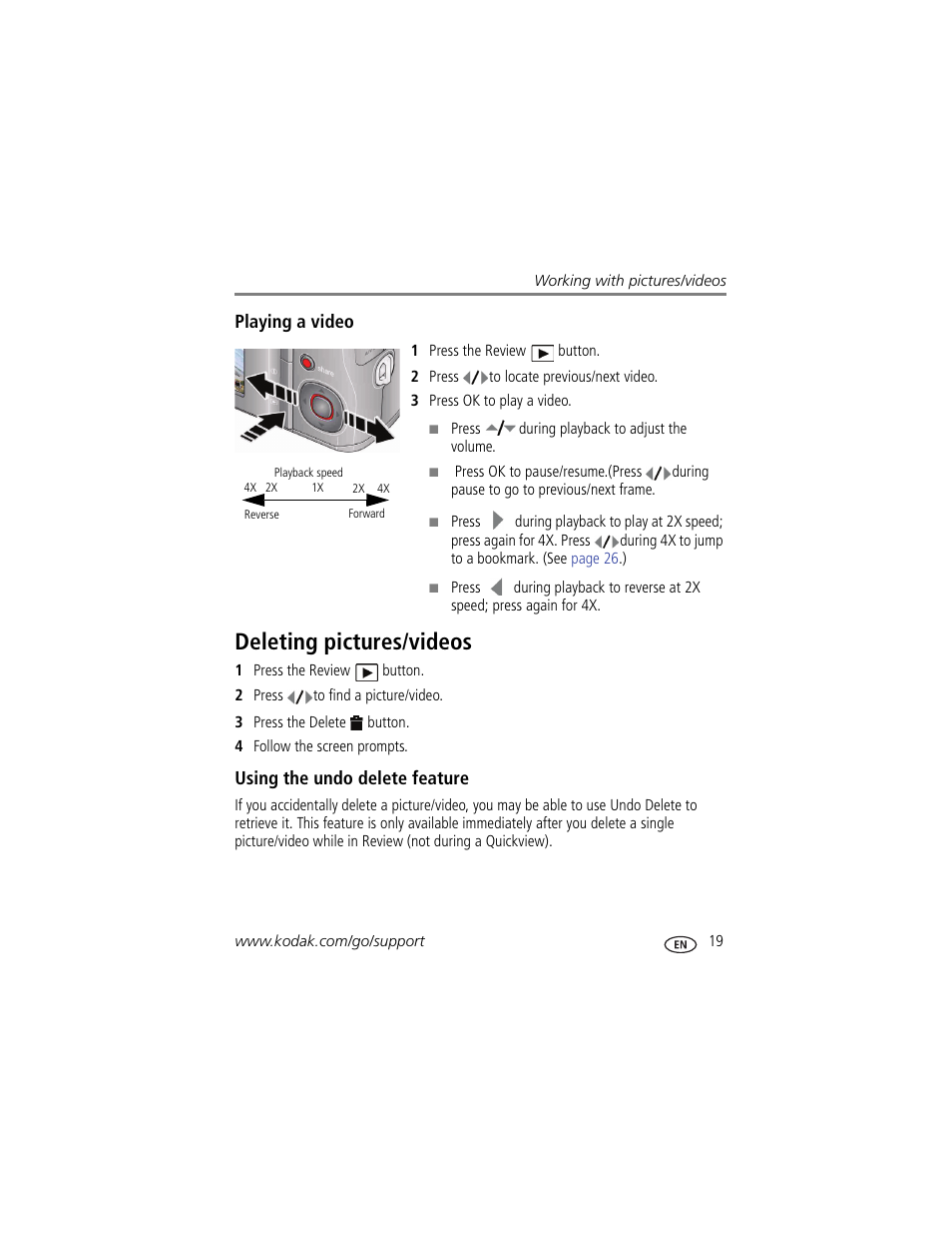 Playing a video, Deleting pictures/videos, Using the undo delete feature | Kodak Z915 User Manual | Page 25 / 74