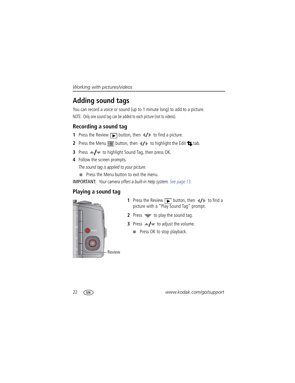 Adding sound tags, Recording a sound tag, Playing a sound tag | Kodak Z915 User Manual | Page 28 / 74