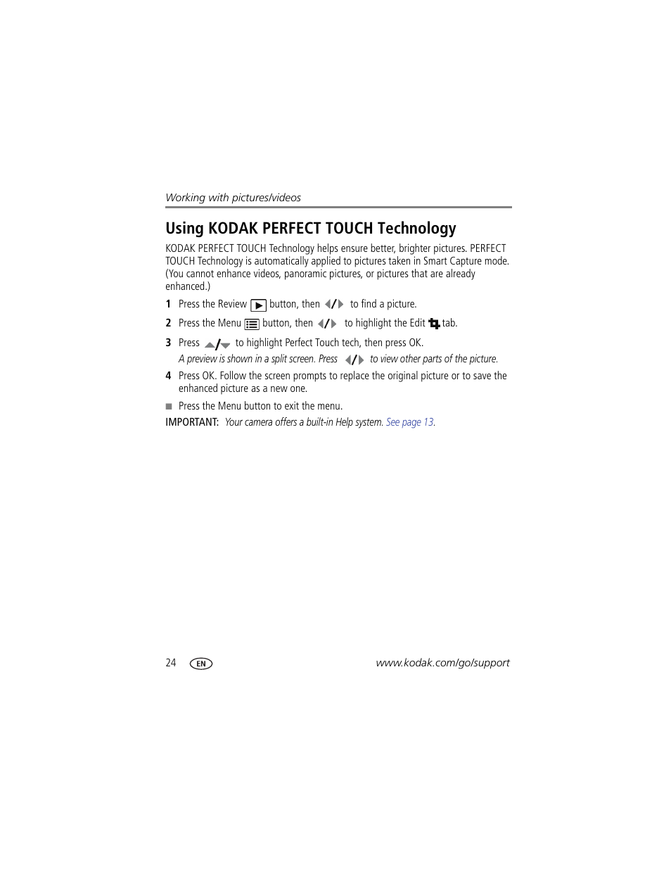 Using kodak perfect touch technology | Kodak Z915 User Manual | Page 30 / 74